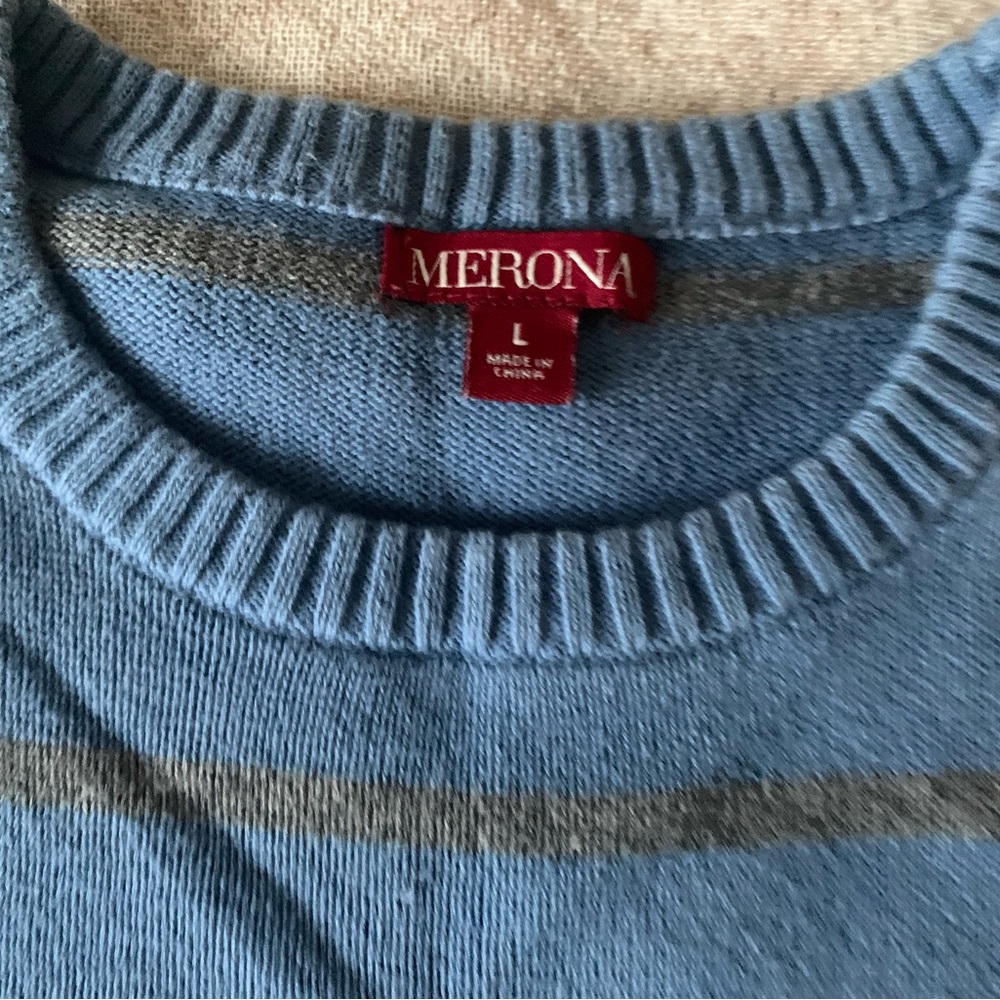 Men sweater blue with gray narrow lining, size L, cotton by Merona